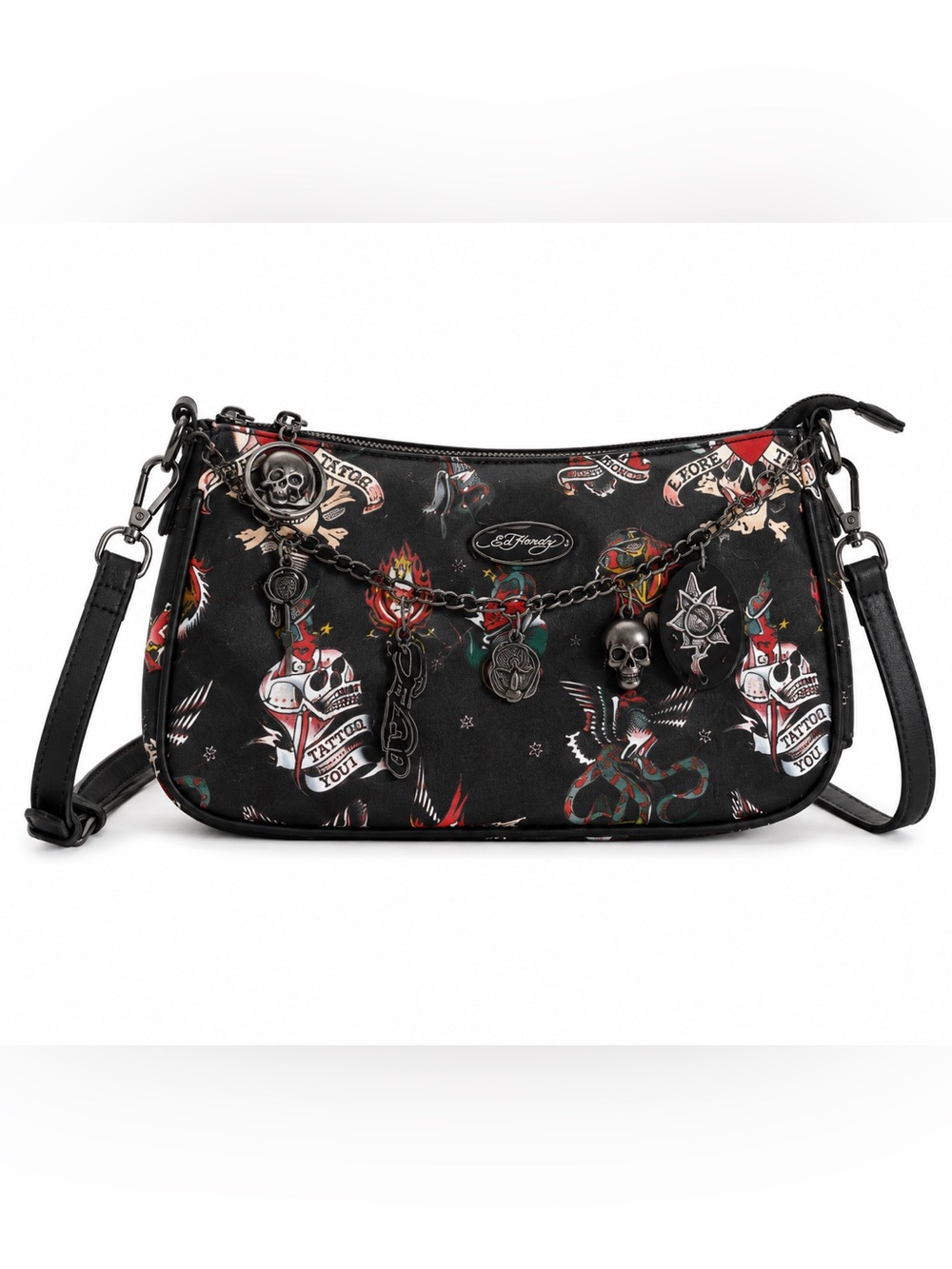 Ed Hardy Black Tattoo-Print Chain Charm Wristlet with Red Accents